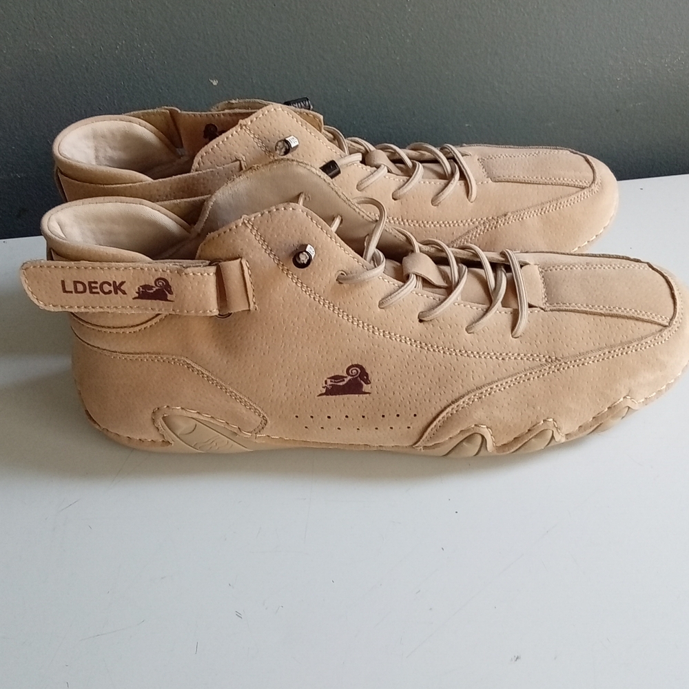 LDECK‎ Mens Tan High Top Lace Up Sneakers Ankle Strap Ram Logo Shoes